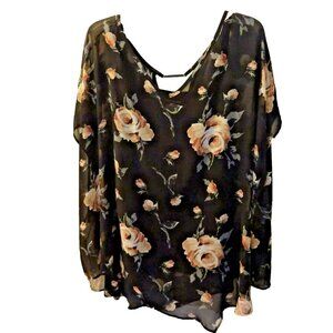 Lane Bryant Black Floral Chiffon Overlay V Neck Boho Kimono Style Top Sz 26 28